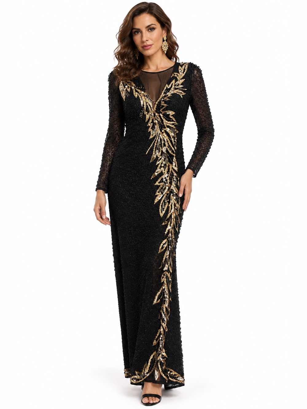 Vintage Niteline 100% Silk Hand Beaded Sequin Evening Gown Black Gold 12-14